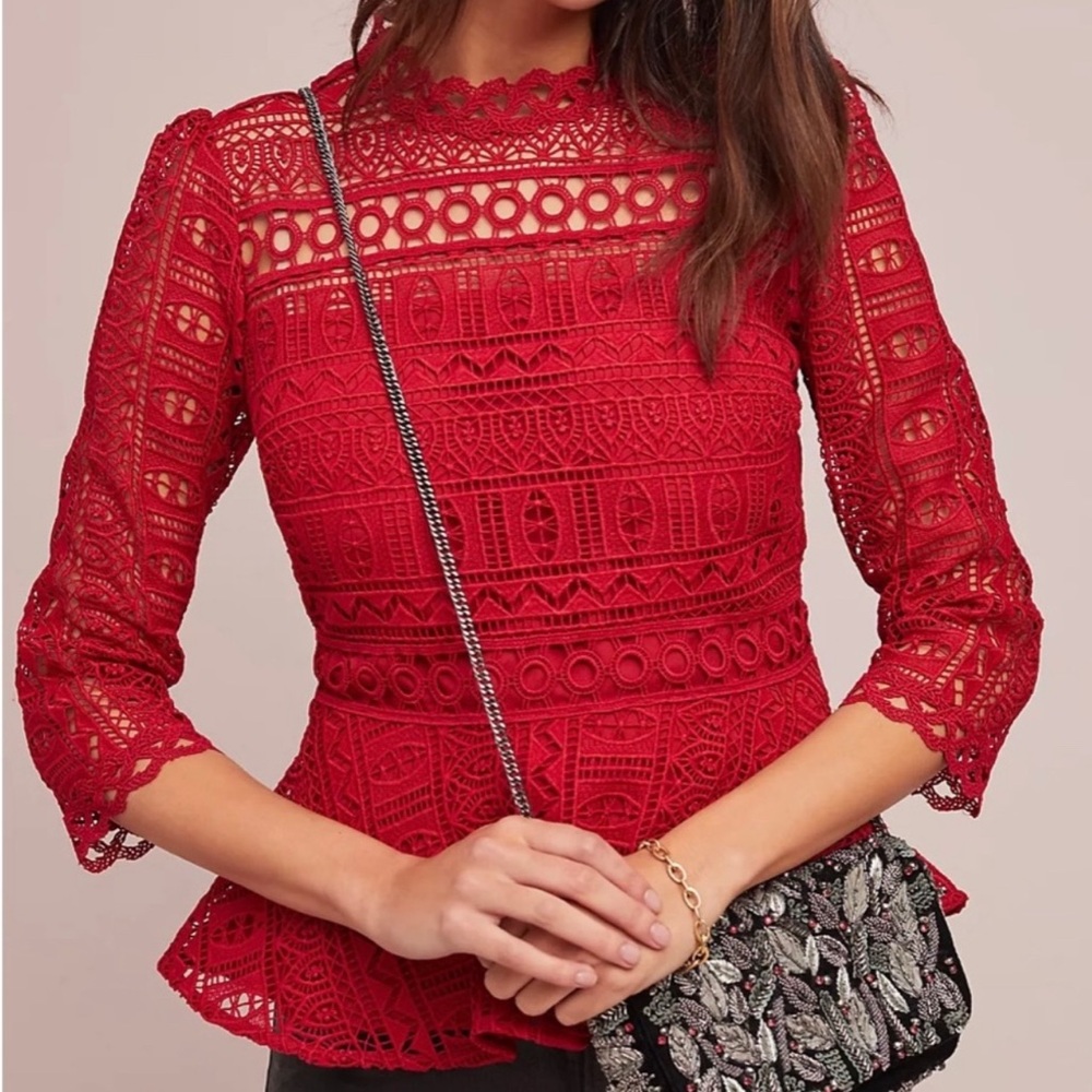 Moulinette Soeurs by Anthropologie Tamara Red Lace Peplum Blouse Size 0
